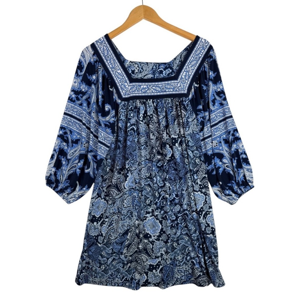 MICHAEL KORS Womens 3/4 Sleeve Square Neck Shift Dress Size Medium Blue Paisley